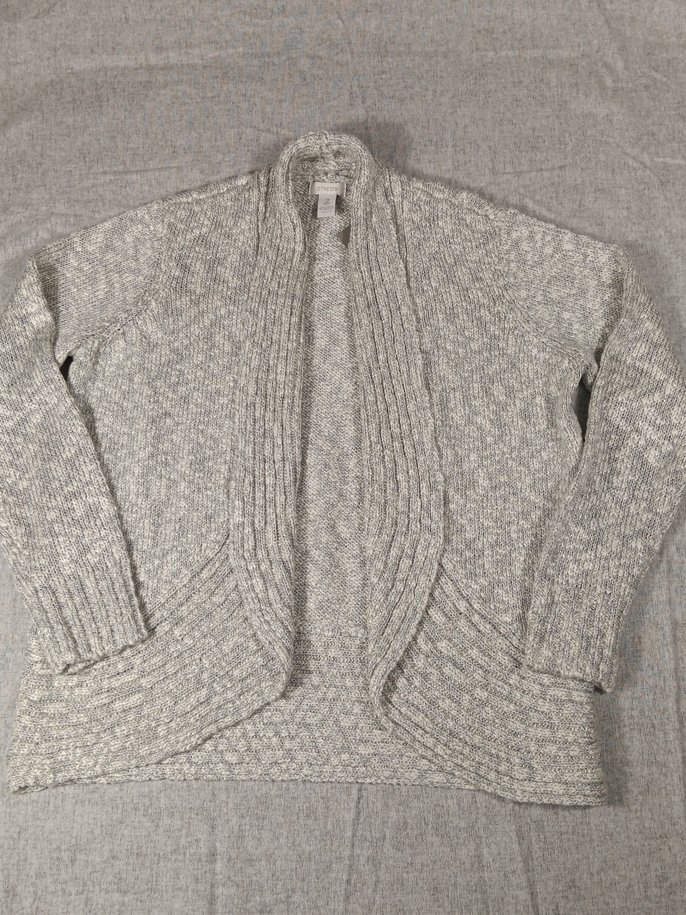 Chico's Laurel Lurex Heather Gray Open-Front Knit Cardigan Size 2(M-L)